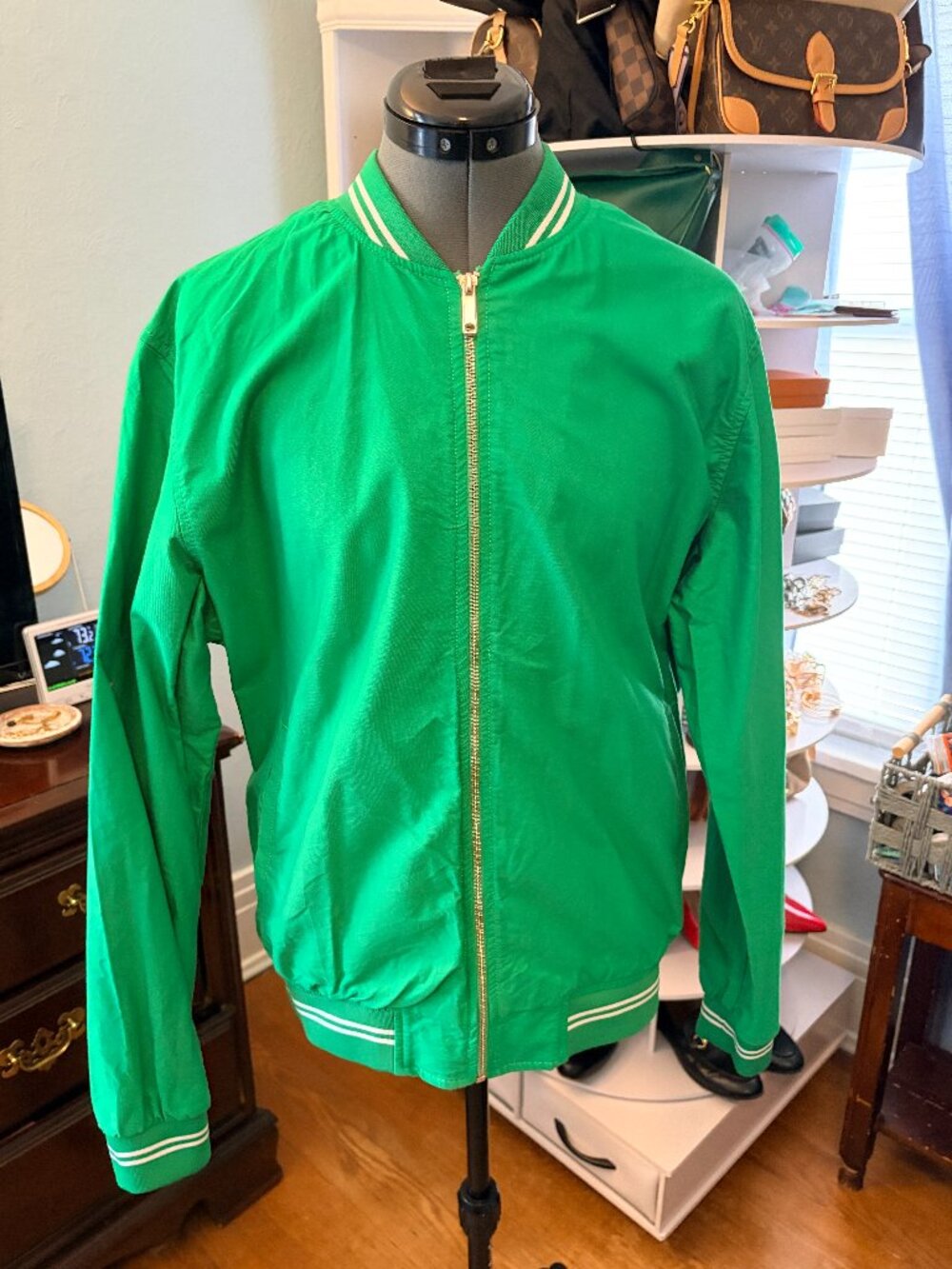 Denim&Flower Ricky Singh Green Bomber Jacket Womens L Cotton Varsity Zip Street